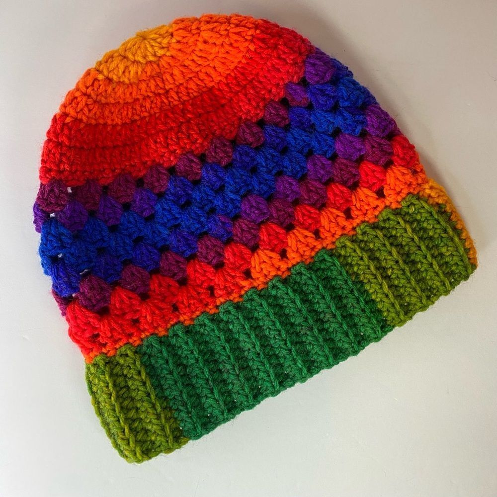 Favorite Rainbow stripe Handmade Crochet Acrylic Granny Stripe Stitch Beanie OS - Picture 10 of 10